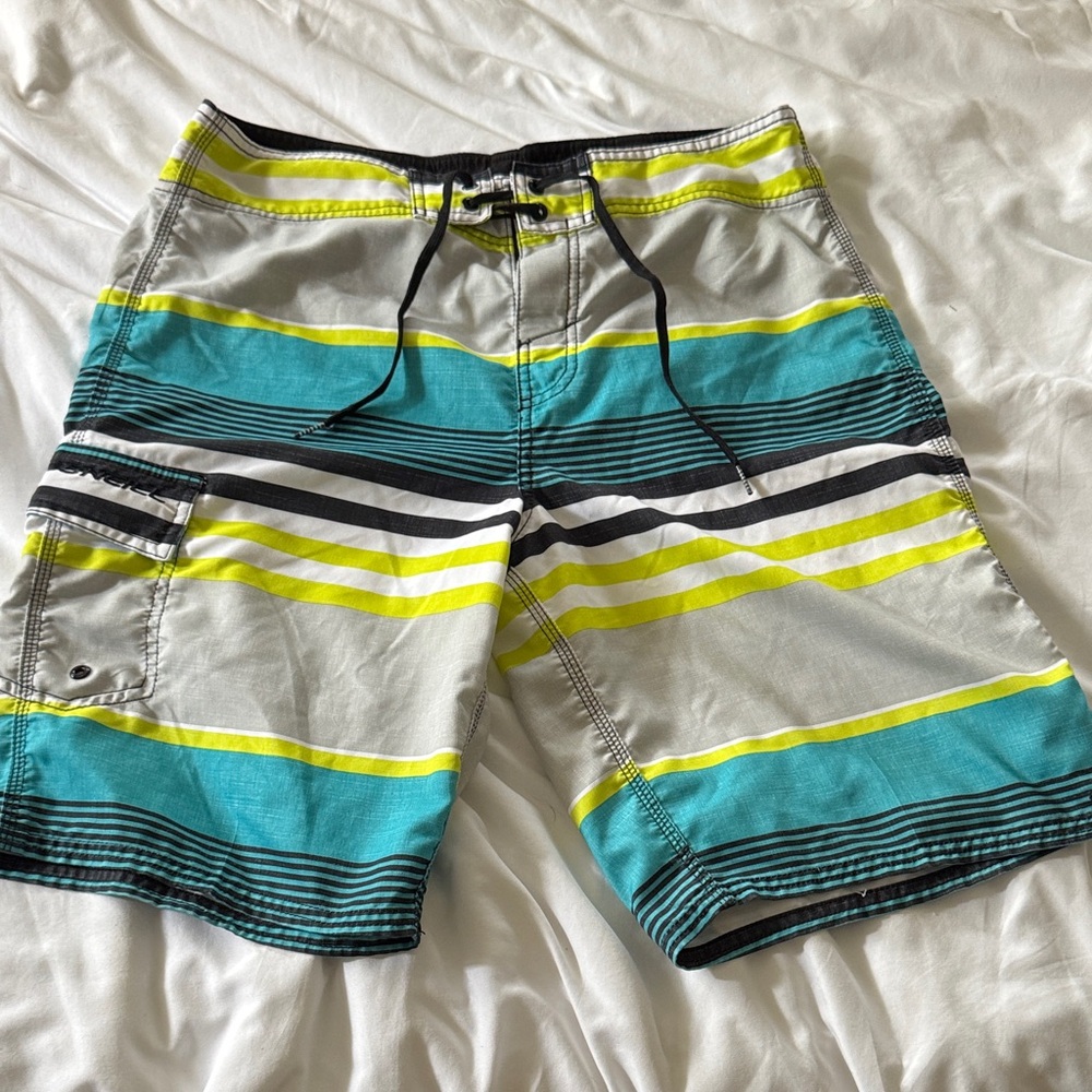 O'Neill Men's Swim Shorts - Teal, Yellow, Gray Stripes